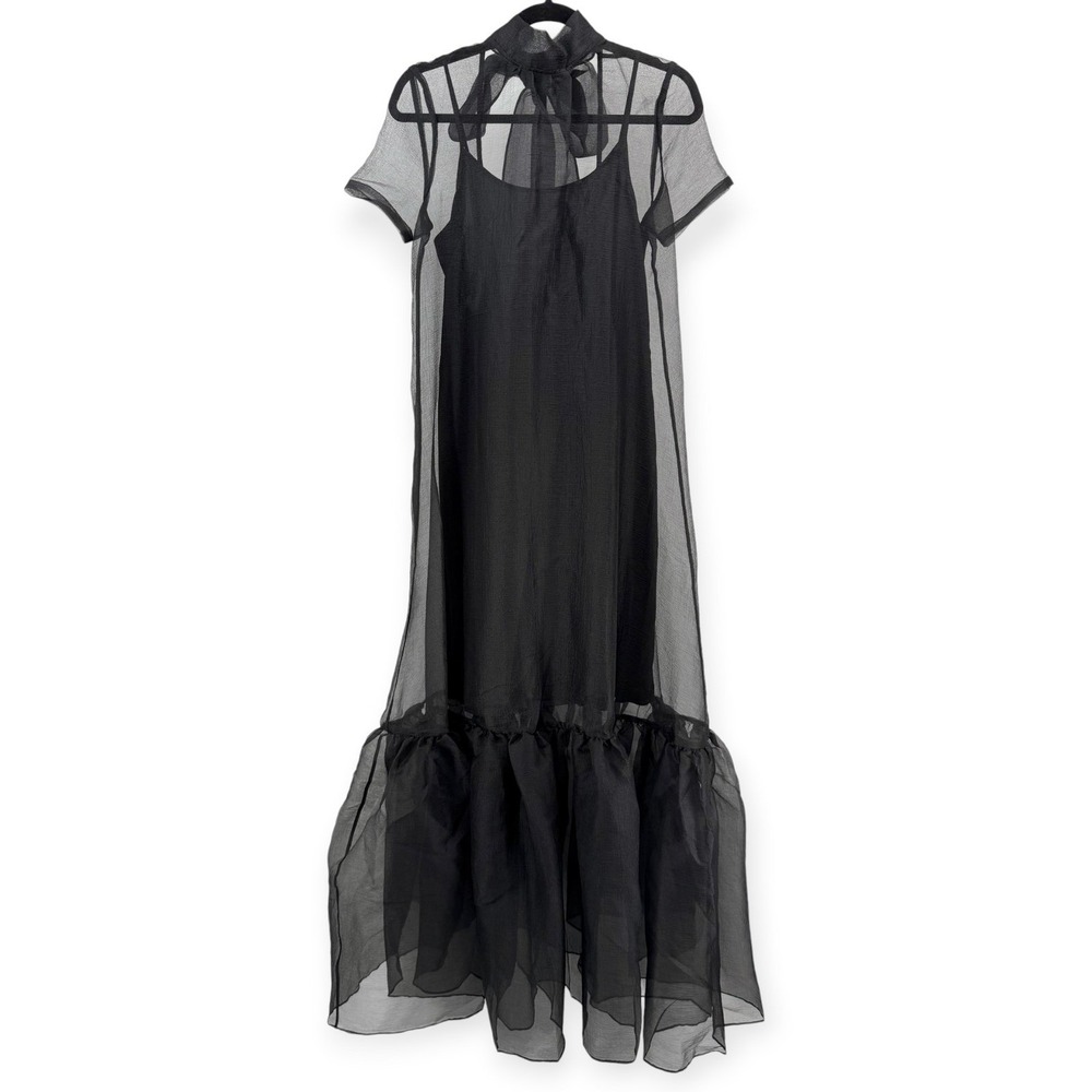 NWT CAARA Melody High Neck Organza Tie Neck Tiered Hem Dress Black - Size Large - Picture 6 of 12